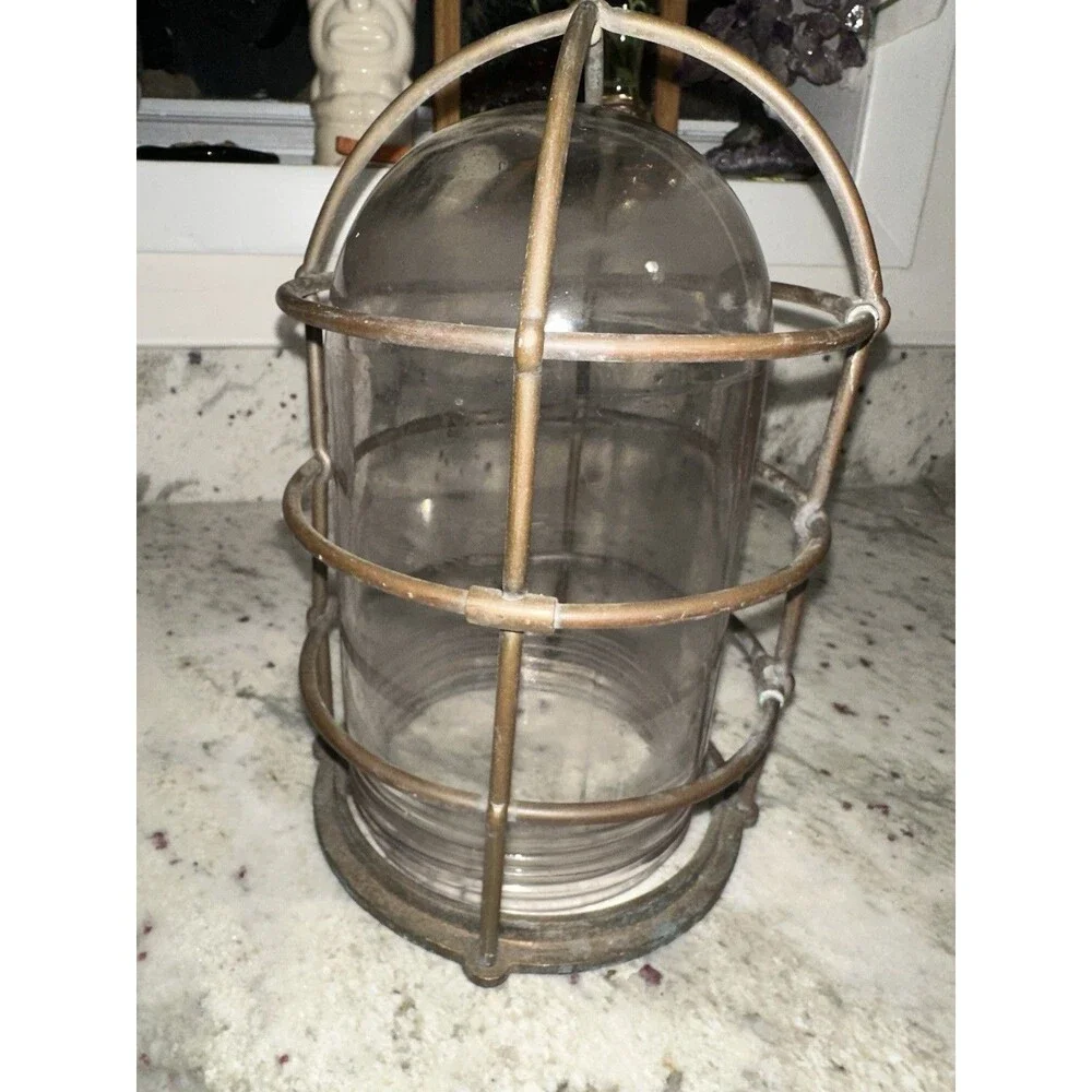 Vtg Russell & Stoll Brass Caged Nautical Overhead Cover & Glass Bulb R&S CO EUC